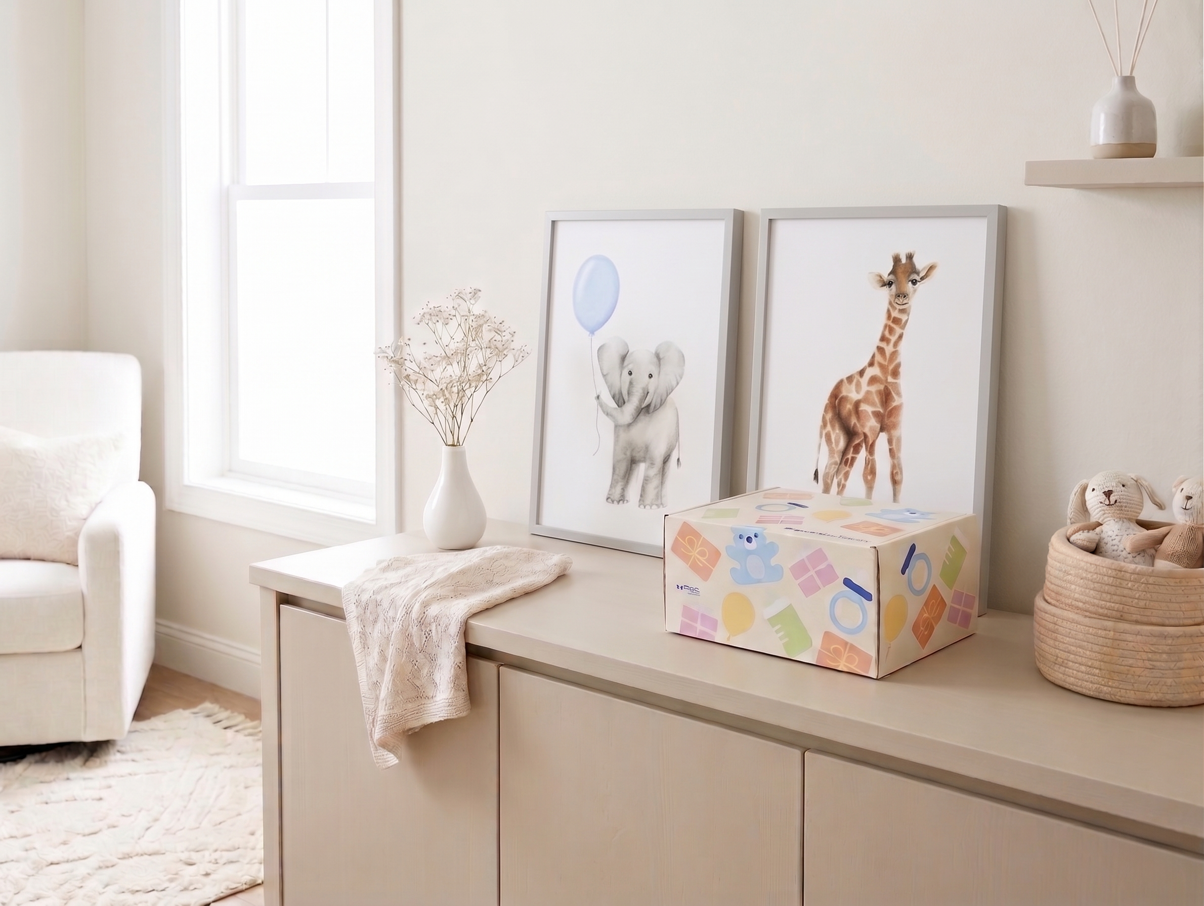 Staged nursery scene with gifting box